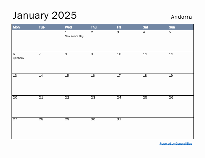 January 2025 Simple Monthly Calendar for Andorra