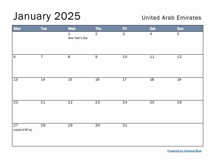 January 2025 Simple Monthly Calendar for United Arab Emirates