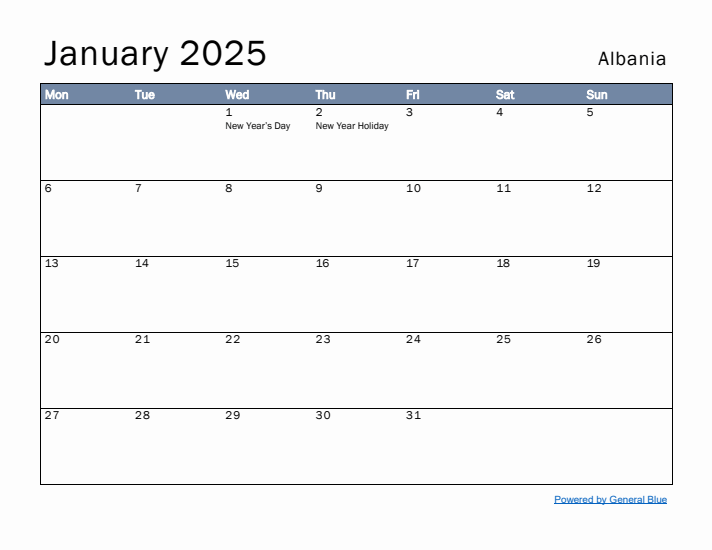 January 2025 Simple Monthly Calendar for Albania