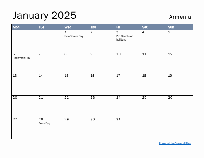 January 2025 Simple Monthly Calendar for Armenia