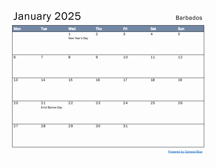 January 2025 Simple Monthly Calendar for Barbados