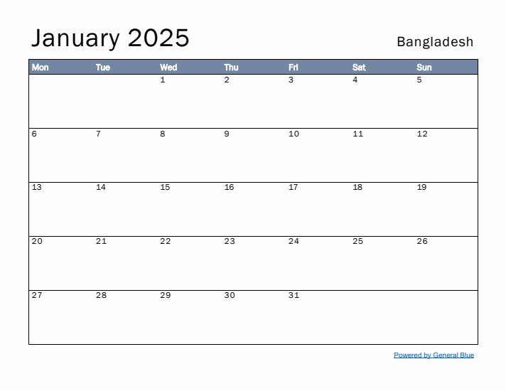 January 2025 Simple Monthly Calendar for Bangladesh