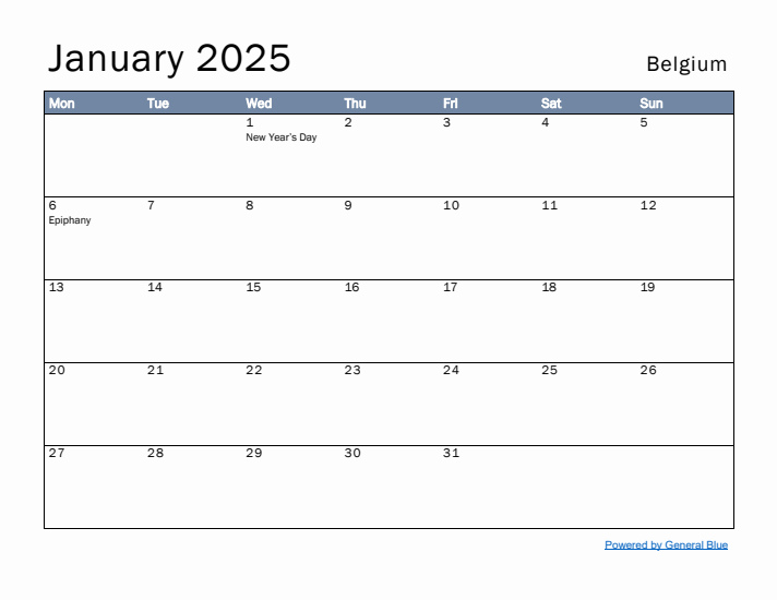 January 2025 Simple Monthly Calendar for Belgium