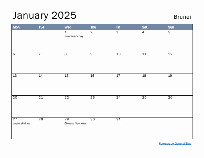 January 2025 Simple Monthly Calendar for Brunei