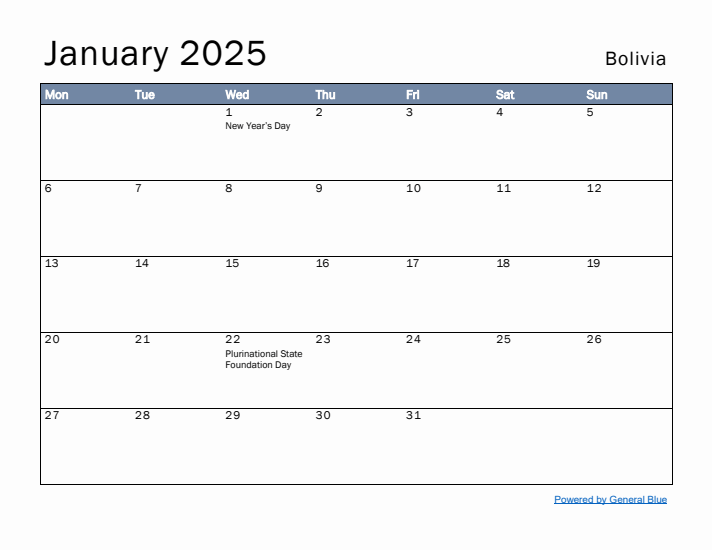 January 2025 Simple Monthly Calendar for Bolivia