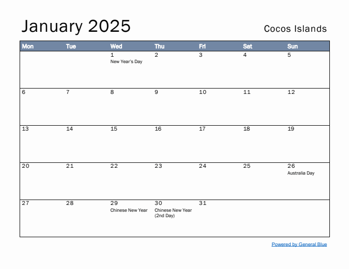 January 2025 Simple Monthly Calendar for Cocos Islands