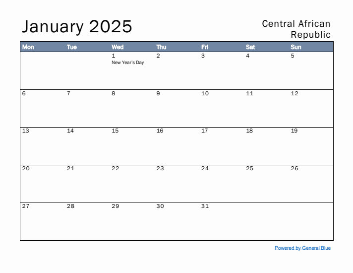 January 2025 Simple Monthly Calendar for Central African Republic