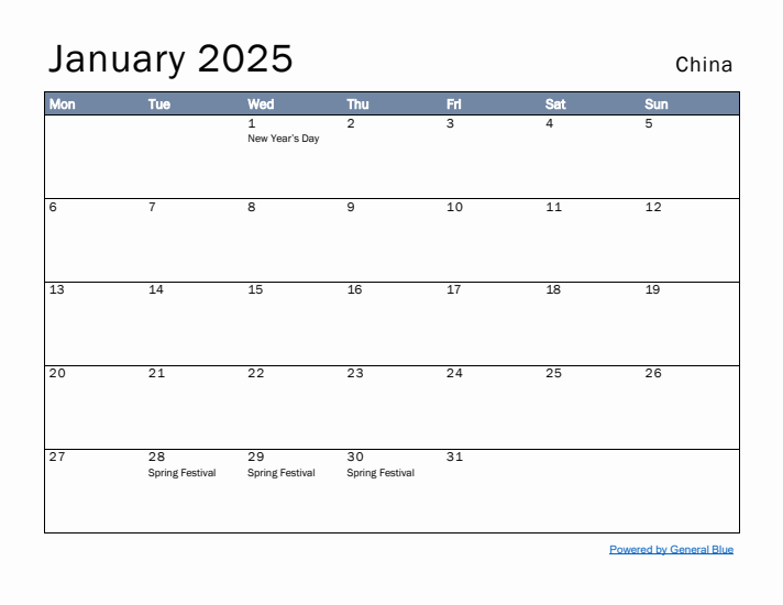 January 2025 Simple Monthly Calendar for China