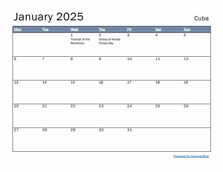 January 2025 Simple Monthly Calendar for Cuba