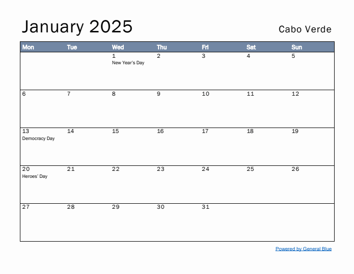 January 2025 Simple Monthly Calendar for Cabo Verde