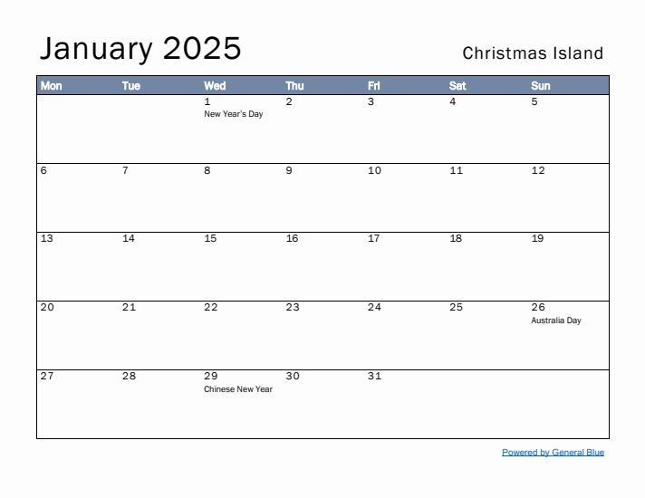 January 2025 Simple Monthly Calendar for Christmas Island