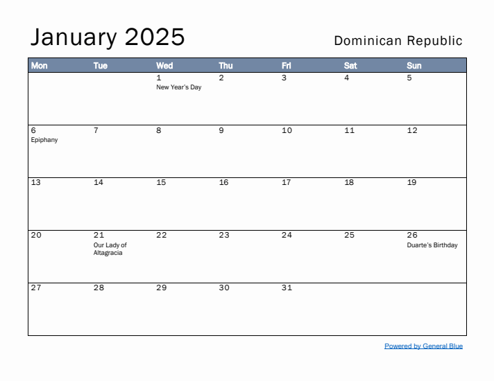 January 2025 Simple Monthly Calendar for Dominican Republic