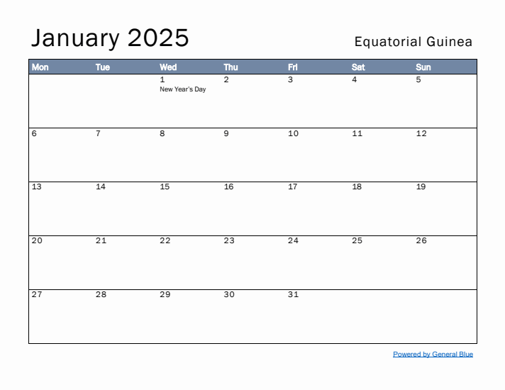 January 2025 Simple Monthly Calendar for Equatorial Guinea