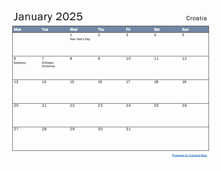 January 2025 Simple Monthly Calendar for Croatia