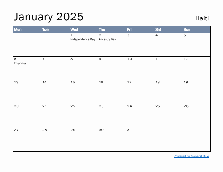 January 2025 Simple Monthly Calendar for Haiti