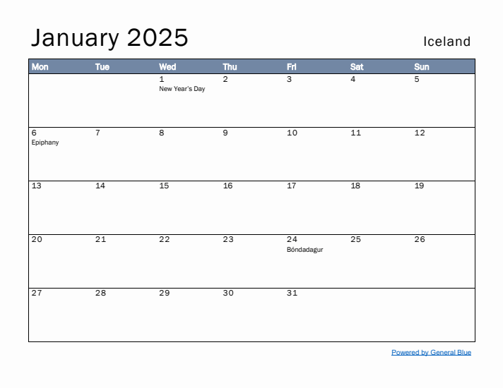 January 2025 Simple Monthly Calendar for Iceland