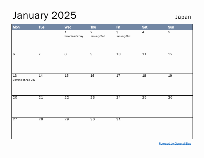 January 2025 Simple Monthly Calendar for Japan