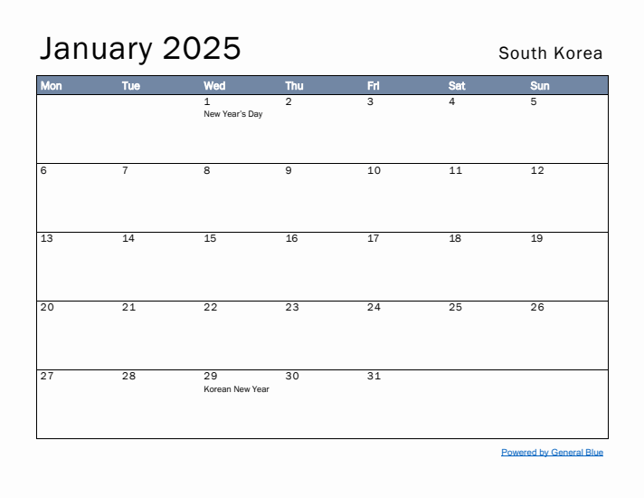 January 2025 Simple Monthly Calendar for South Korea