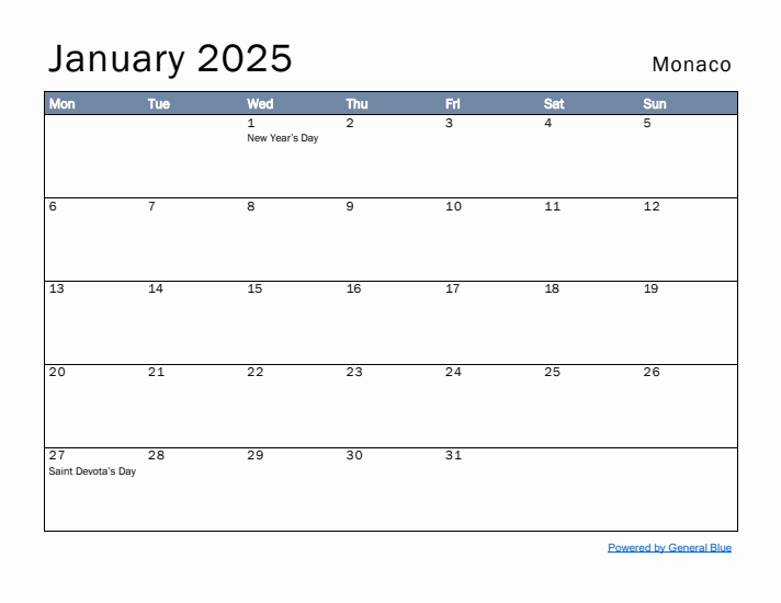 January 2025 Simple Monthly Calendar for Monaco