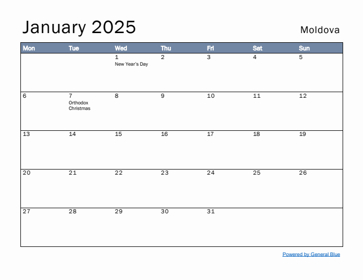 January 2025 Simple Monthly Calendar for Moldova