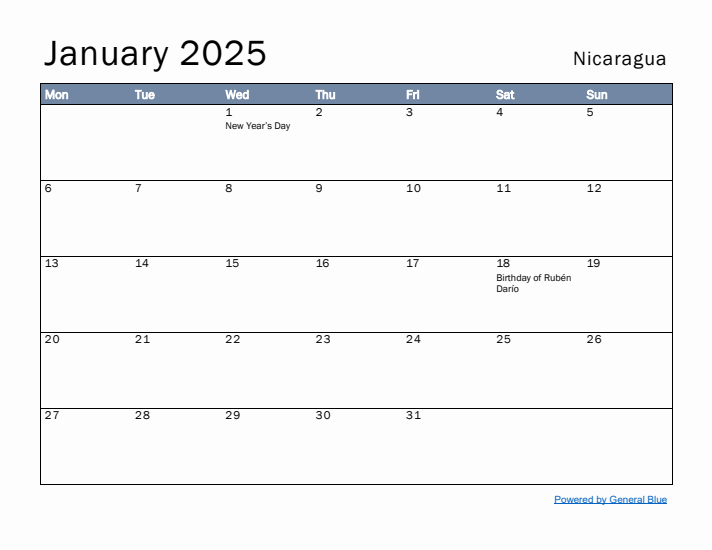 January 2025 Simple Monthly Calendar for Nicaragua