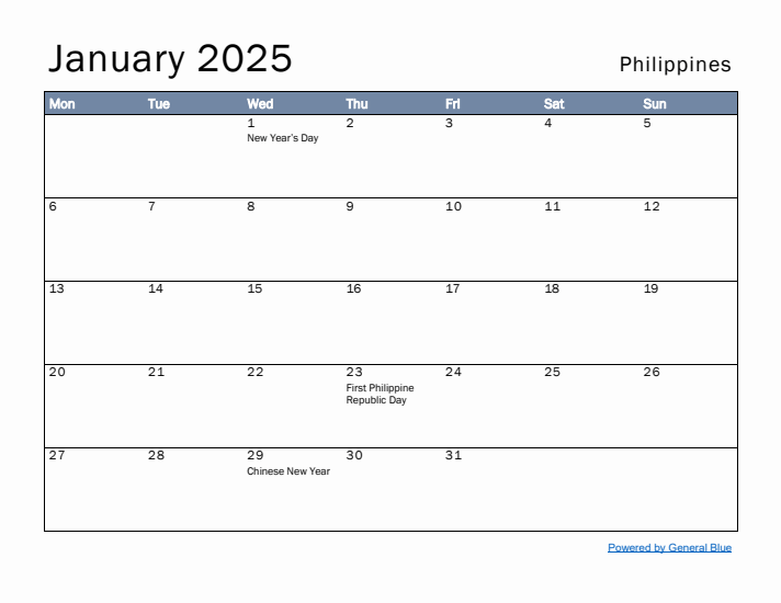 January 2025 Simple Monthly Calendar for Philippines