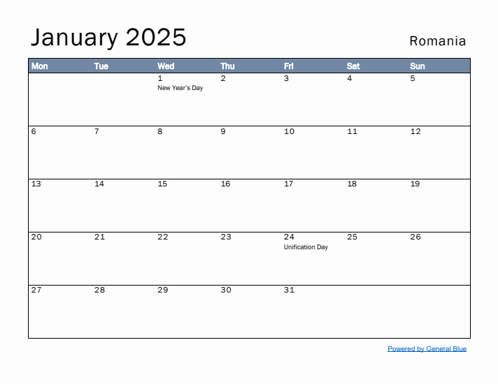 January 2025 Simple Monthly Calendar for Romania