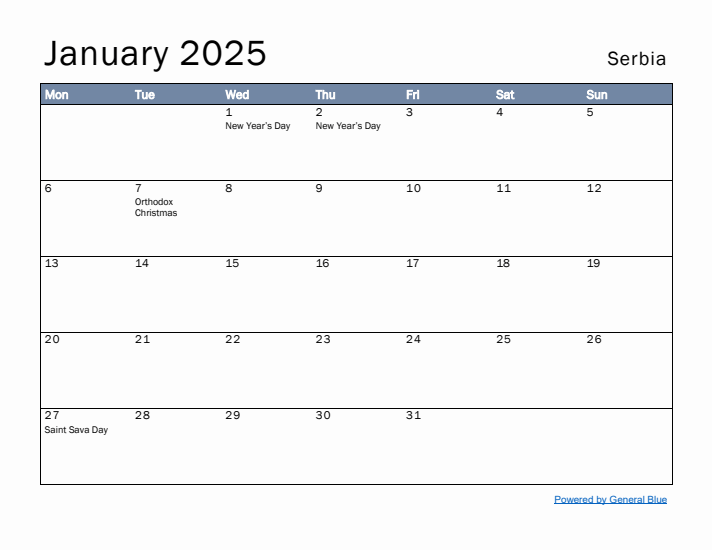 January 2025 Simple Monthly Calendar for Serbia