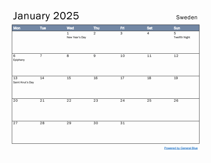 January 2025 Simple Monthly Calendar for Sweden