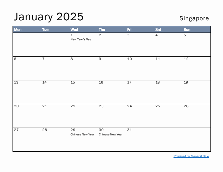 January 2025 Simple Monthly Calendar for Singapore