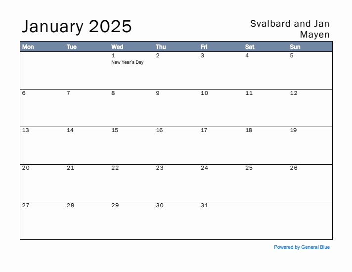 January 2025 Simple Monthly Calendar for Svalbard and Jan Mayen