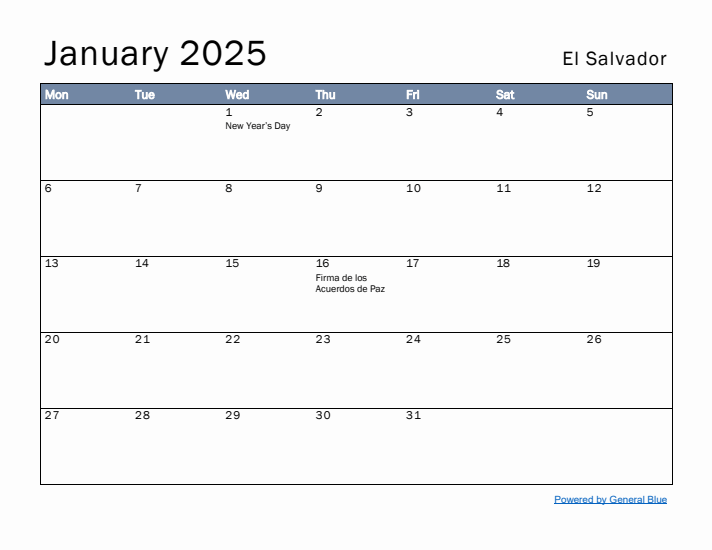 January 2025 Simple Monthly Calendar for El Salvador