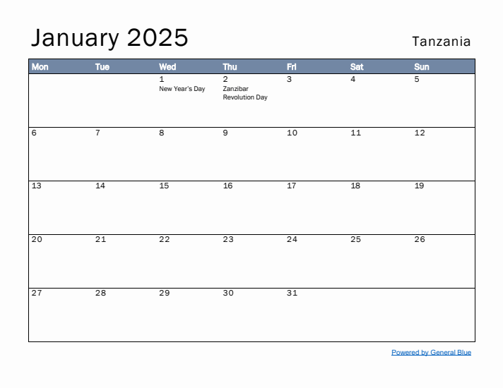 January 2025 Simple Monthly Calendar for Tanzania