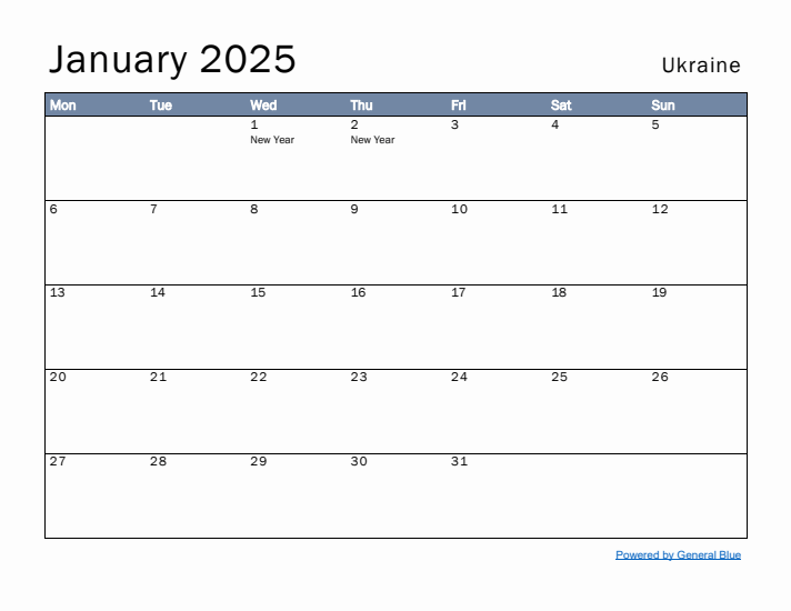 January 2025 Simple Monthly Calendar for Ukraine