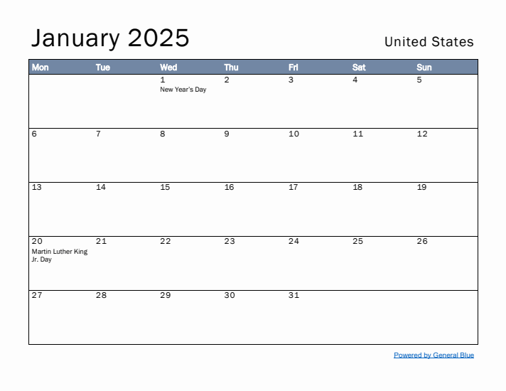 January 2025 Simple Monthly Calendar for United States