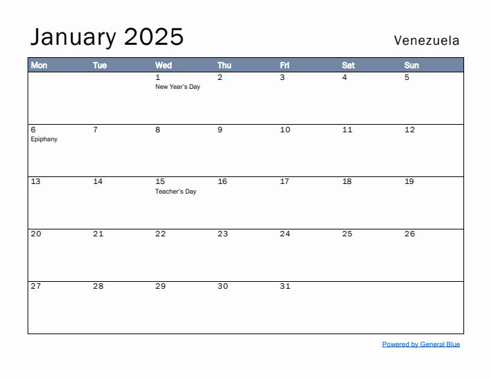 January 2025 Simple Monthly Calendar for Venezuela