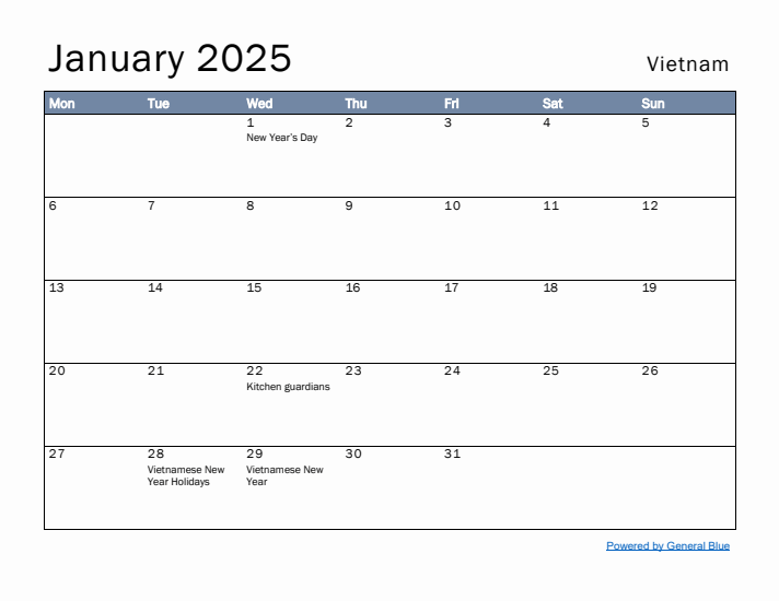 January 2025 Simple Monthly Calendar for Vietnam