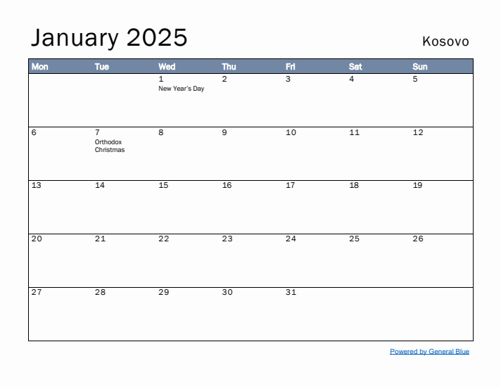 January 2025 Simple Monthly Calendar for Kosovo