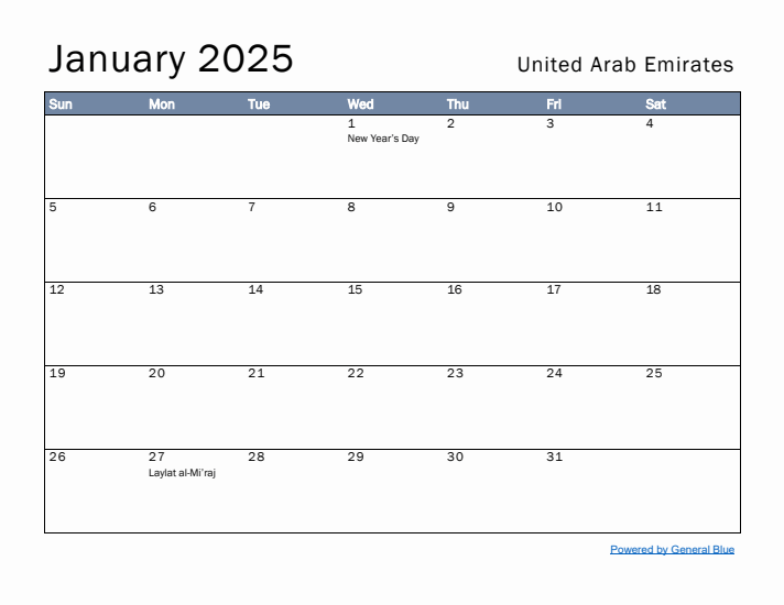 January 2025 Simple Monthly Calendar for United Arab Emirates