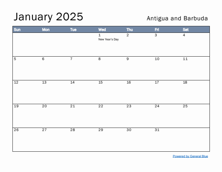 January 2025 Simple Monthly Calendar for Antigua and Barbuda