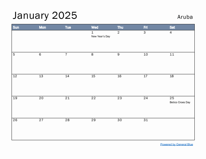 January 2025 Simple Monthly Calendar for Aruba