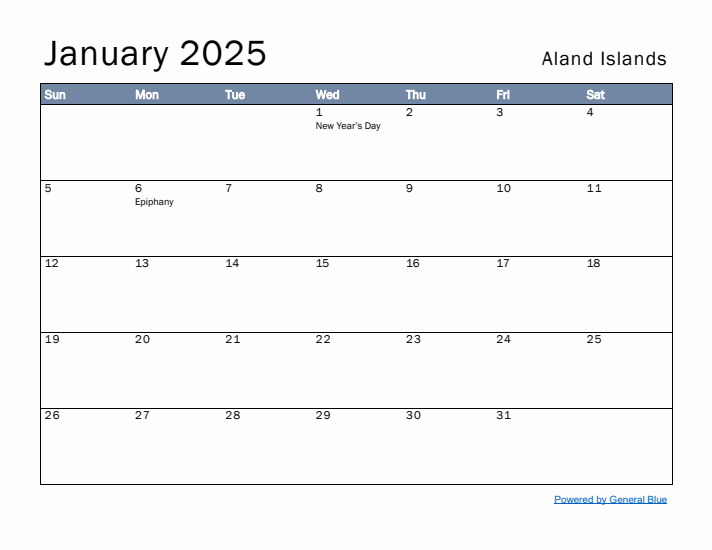 January 2025 Simple Monthly Calendar for Aland Islands