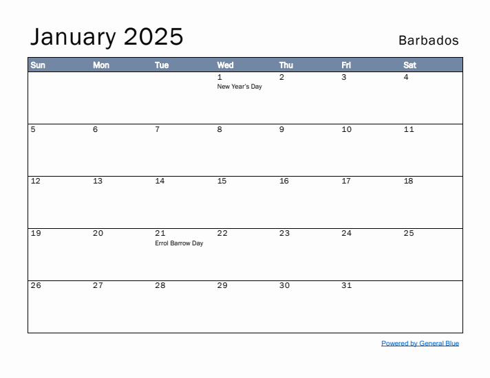 January 2025 Simple Monthly Calendar for Barbados