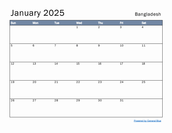 January 2025 Simple Monthly Calendar for Bangladesh