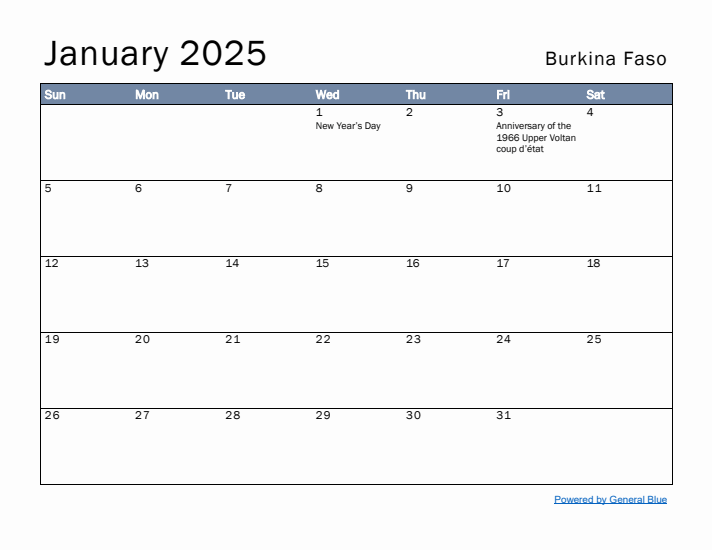 January 2025 Simple Monthly Calendar for Burkina Faso