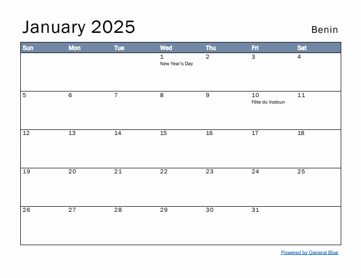 January 2025 Simple Monthly Calendar for Benin