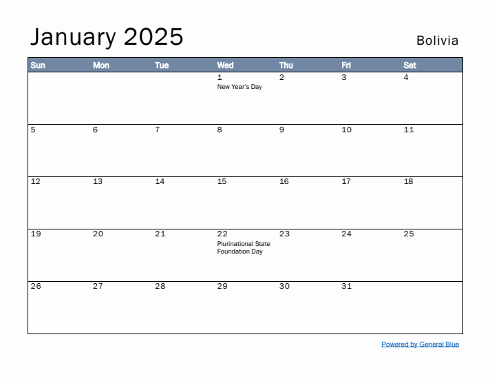 January 2025 Simple Monthly Calendar for Bolivia