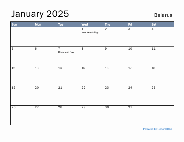 January 2025 Simple Monthly Calendar for Belarus