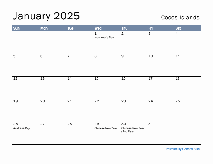 January 2025 Simple Monthly Calendar for Cocos Islands