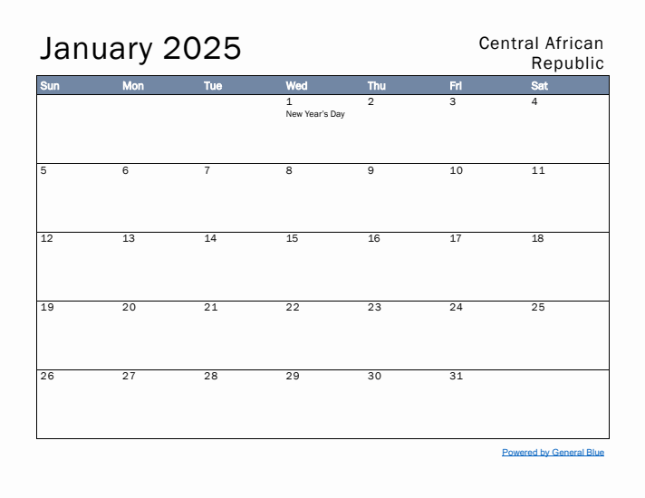 January 2025 Simple Monthly Calendar for Central African Republic